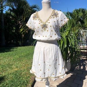 BOSTON PROPER COTTON DRESS BEAUTIFULLY EMBELLISHED W/SEQUINS,BEADS & JEWELS XS